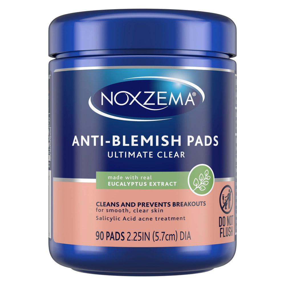 Noxzema Triple Clean Anti-Blemish Pads box shows 90-count bundle for daily cleansing.