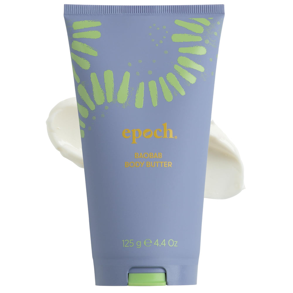 Nu Skin Epoch Baobab Body Butter jar close-up shows rich shea texture for deep hydration.