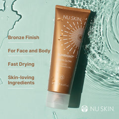 Nu Skin Sunright Insta Glow Self Tanner Gel on face for natural radiance.