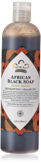 Nubian Heritage African Black Soap Body Wash bottle highlights organic cleanse for balanced skin.