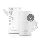 NuFACE Aqua Gel Activator bottle closeup highlights long-lasting hydration for radiant skin