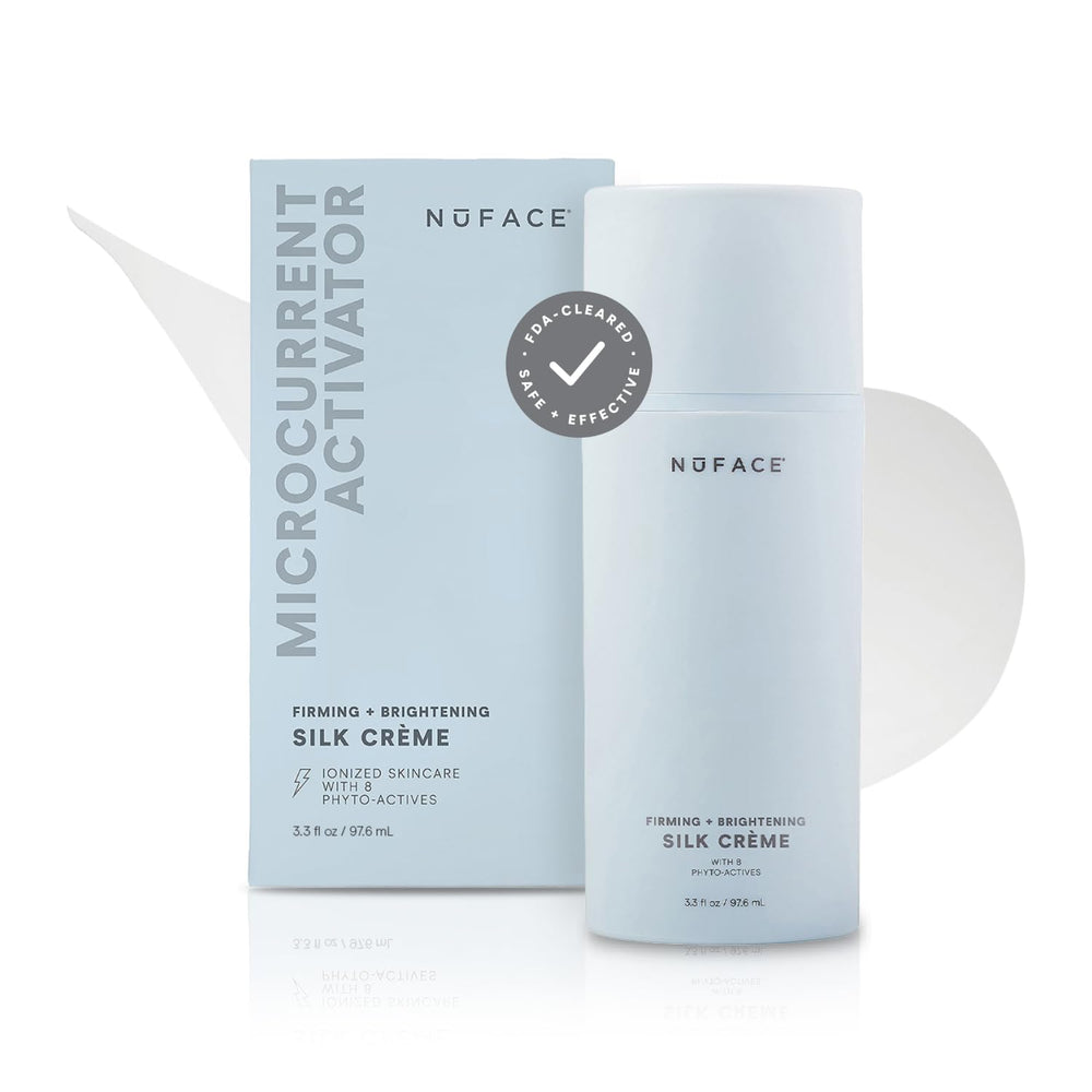 NuFACE Silk Creme Activator bottle showing smooth formula for brighter, firmer skin