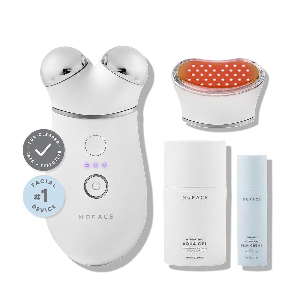 NuFACE Trinity+ device angled for a precise facial lift during at-home treatment.