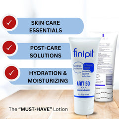 Nufree Finipil Lait 50 packaging scene emphasizes travel-friendly antiseptic skin support.