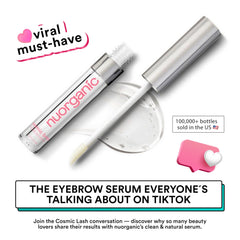 NuOrganic Cosmetics Cosmic Brow applicator brush applying serum for precise brow shaping.