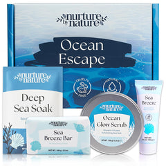 Nurture by Nature Botanicals Ocean Escape body scrub close-up with salt granules for refreshed, hydrated skin.