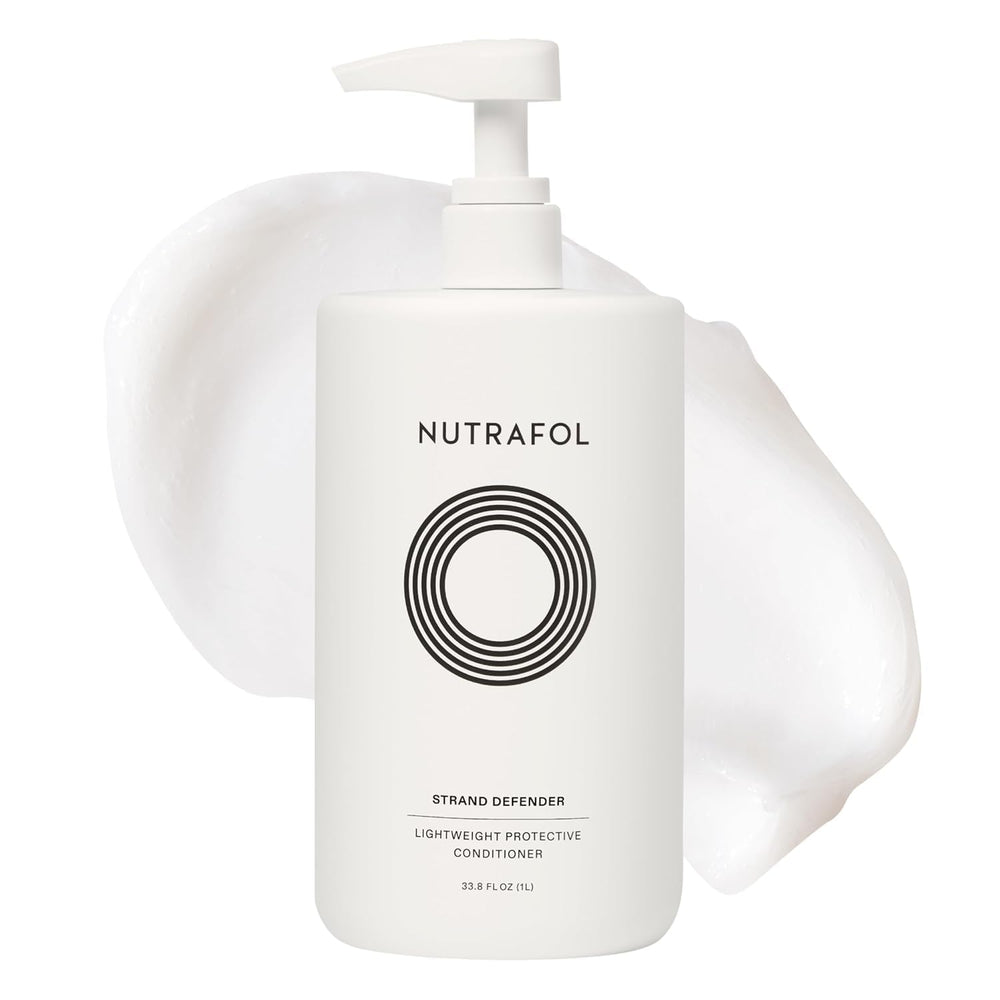 Nutrafol 1L pump bottle front view showing brand and label, conveys salon-size convenience