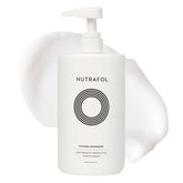 Nutrafol 1L pump bottle front view showing brand and label, conveys salon-size convenience
