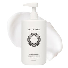 Nutrafol 1L pump bottle front view showing brand and label, conveys salon-size convenience