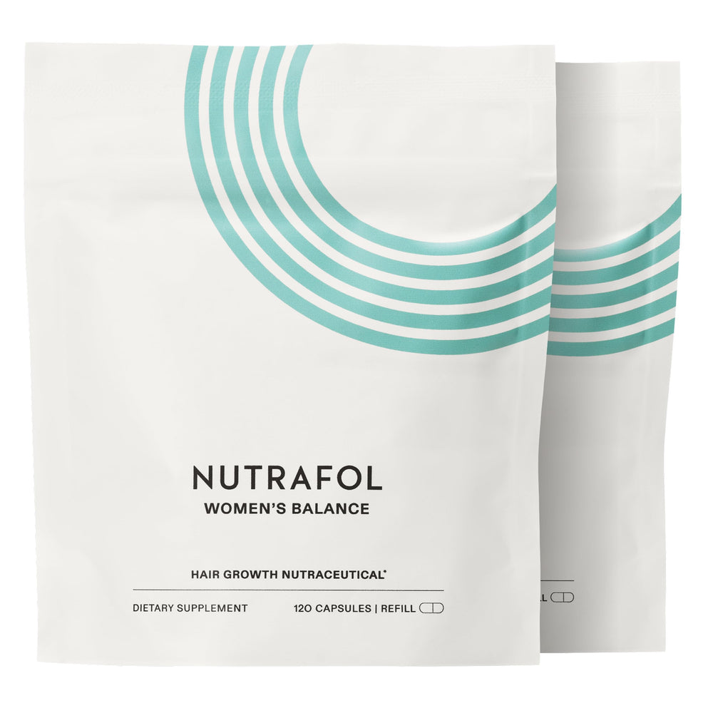 Nutrafol front packaging showing Women’s Balance for visible thicker hair benefit