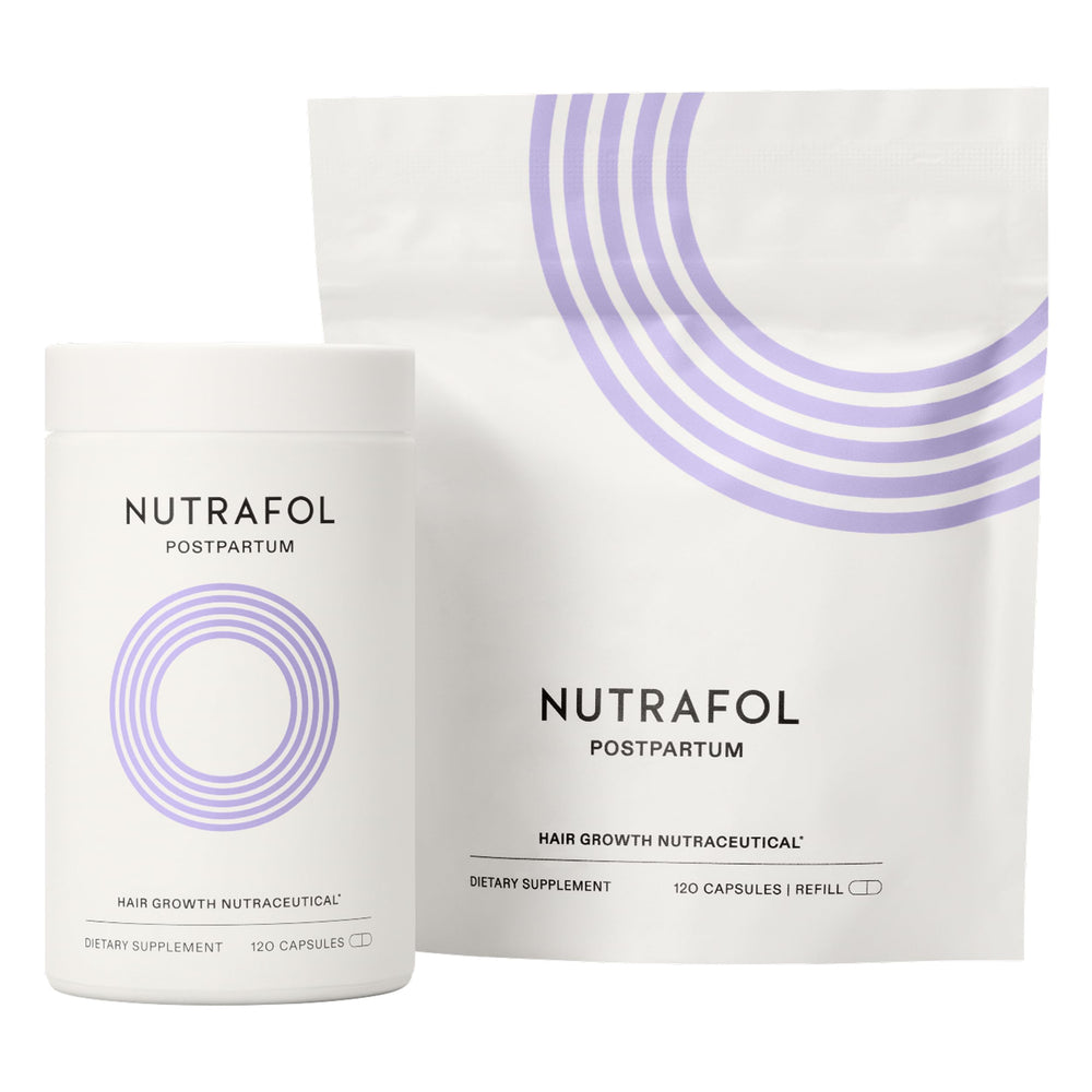 Nutrafol front packaging showing postpartum two-month supply and benefits