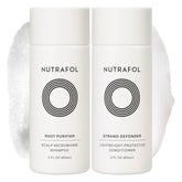 Nutrafol travel front packaging showing duo bottles and travel-ready benefit