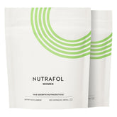 Nutrafol Women bottle close-up with capsules promoting fuller hair.