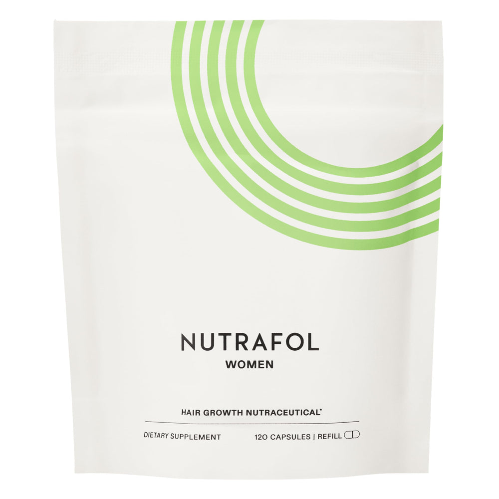 Nutrafol front packaging showing jar and refill pouch for visible hair benefit
