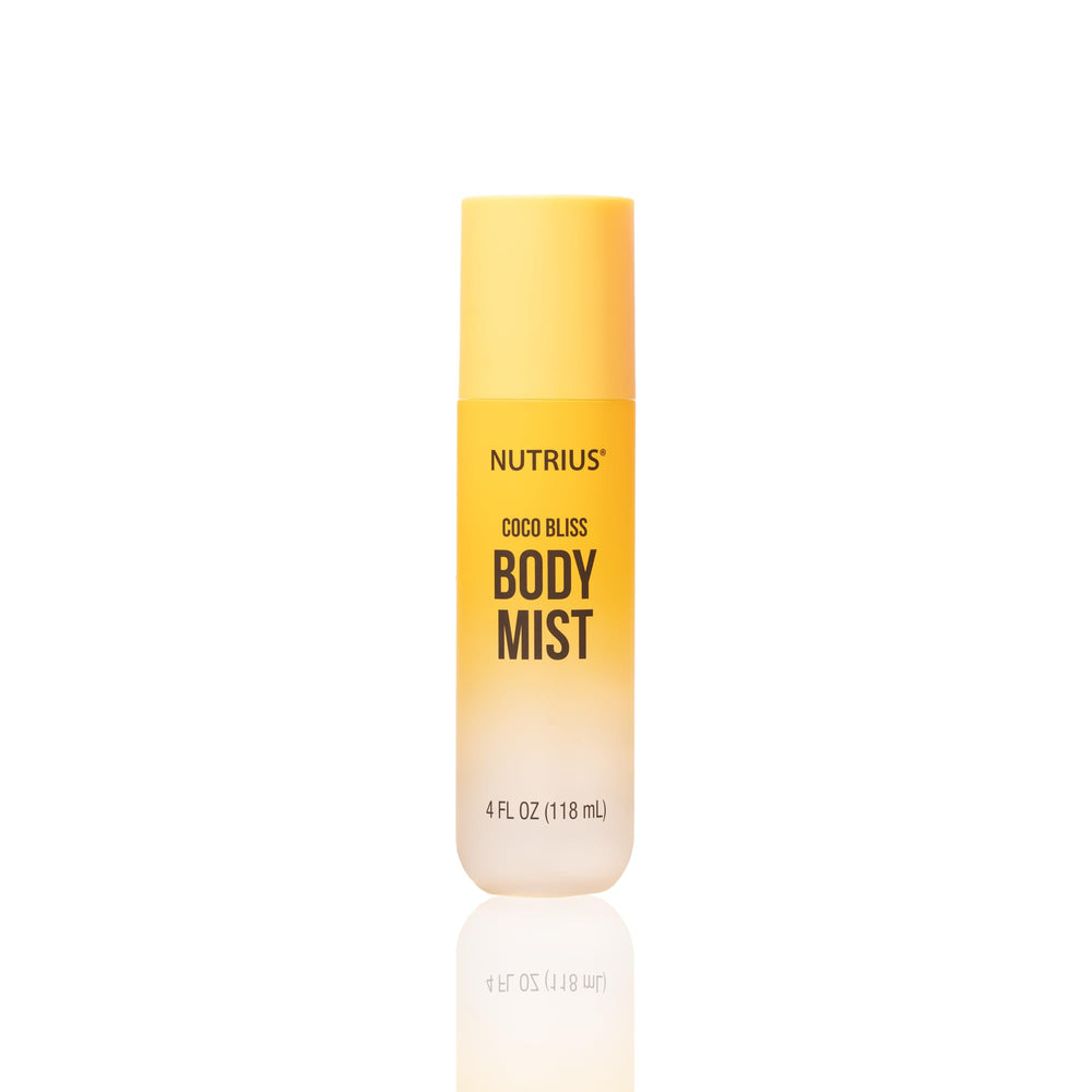 Nutrius Coco Bliss body mist bottle offers all-day tropical refreshment