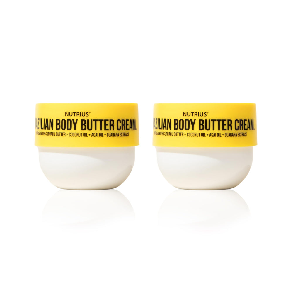 Nutrius Brazilian Body Butter 2-Pack packaging shows rich Cupuacu infusion for deep hydration.