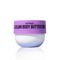 Nutrius Brazilian Body Butter Cream Botanical Bliss jar closeup shows rich hydration for smooth skin.