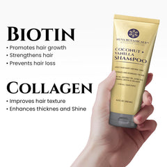 Nuva Botanicals acondicionador coco-vanilla, botella elegante, brillo suave y fácil desenredo.