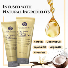 Nuva Botanicals champú coco-vanilla, textura cremosa, aroma tropical vigorizante.