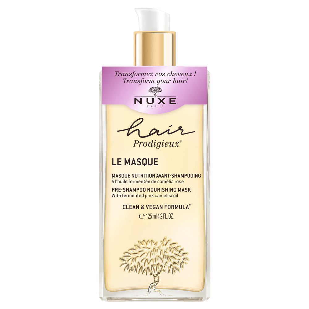 Nuxe Hair Prodigieux pre-shampoo mask jar closeup highlighting rich nourishment for hair