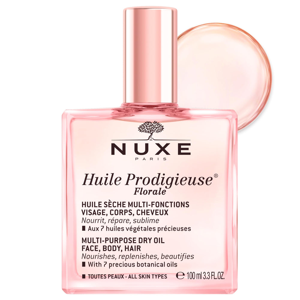 Nuxe Huile Prodigieuse Floral bottle closeup for radiant skin and hair hydration.