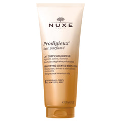 Nuxe Prodigieux beautifying lotion bottle showing silky finish and radiant hydration