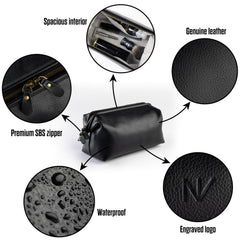 NV Holders premium leather toiletry bag open main compartment reveals spacious storage for grooming essentials.