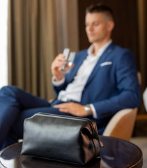 NV Holders premium leather toiletry bag side pocket detail emphasizes refined organization and quick access.
