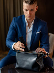 NV Holders premium leather toiletry bag stitching and iron parts demonstrate durable craftsmanship and shape retention.