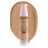 NYX Bare With Me Concealer Serum pump demonstrates lightweight hydration for a smooth base.