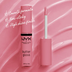 NYX Butter Gloss Angel Food Cake swatch reveals versatile mauve tone for day-to-night looks