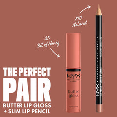 NYX Butter Gloss Bit Of Honey over-lipstick creates layered shine.