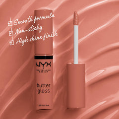 NYX Butter Gloss Brown Sugar close-up reveals creamy texture for buttery shine