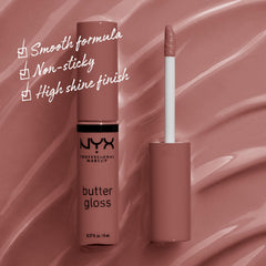 NYX Butter Gloss application on lips shows non-sticky shine and smooth comfort.