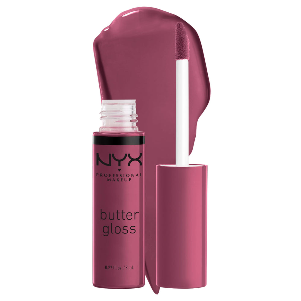 NYX Butter Gloss Cranberry Pie swatch shows mauve purple shine for natural-to-glam lips