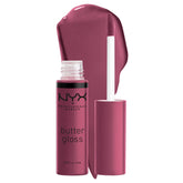 NYX Butter Gloss Cranberry Pie swatch shows mauve purple shine for natural-to-glam lips