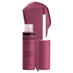 NYX Butter Gloss Cranberry Pie swatch shows mauve purple shine for natural-to-glam lips