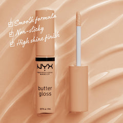 NYX Butter Gloss Fortune Cookie true nude swatch on lips for soft kissable shine