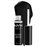 NYX Butter Gloss Licorice closeup shows glossy, non-sticky shine for everyday lips.