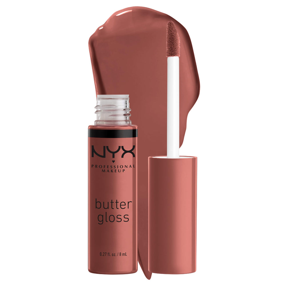 NYX Butter Gloss Praline bottle shows creamy, non-sticky gloss for a smooth lip finish.