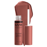NYX Butter Gloss Praline bottle shows creamy, non-sticky gloss for a smooth lip finish.