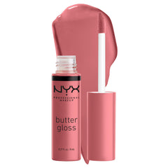 Nyx Butter Gloss Tiramisu bottle swatch shows buttery texture.