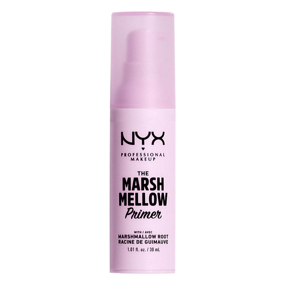 NYX Marshmellow Primer bottle close-up showing smoothing benefits for makeup application.