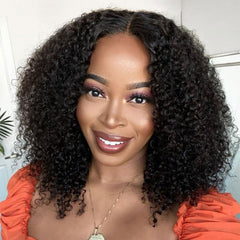 NZINZI kinky curly V-part wig top view shows a natural scalp blend for everyday wear.