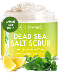 O Naturals exfoliating lemon-oil Dead Sea Salt scrub jar for smoother, refreshed skin.