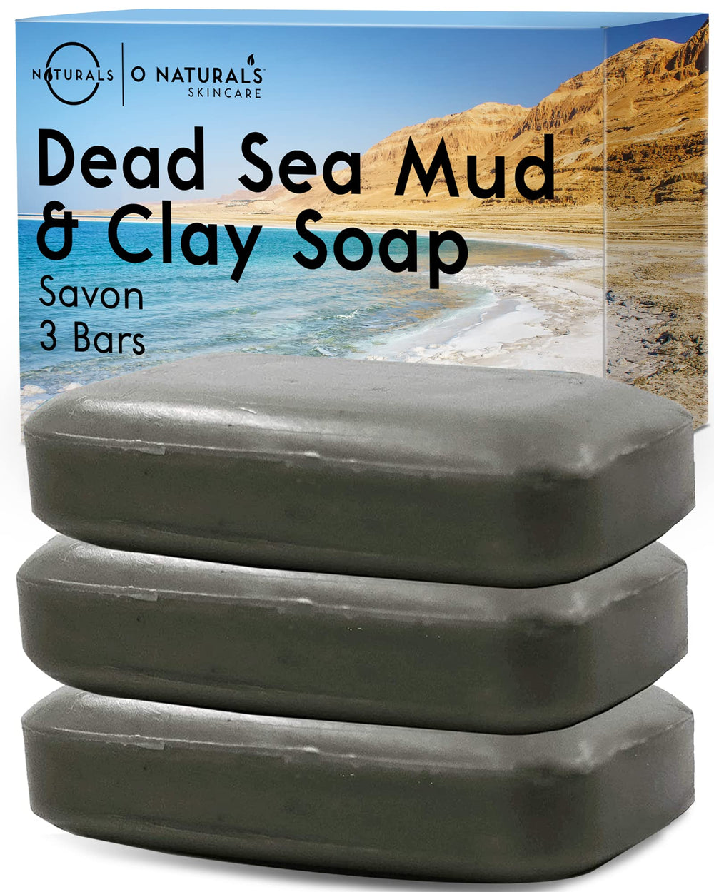 O NATURALS front packaging of the Dead Sea soap set for a refreshing daily cleanse.