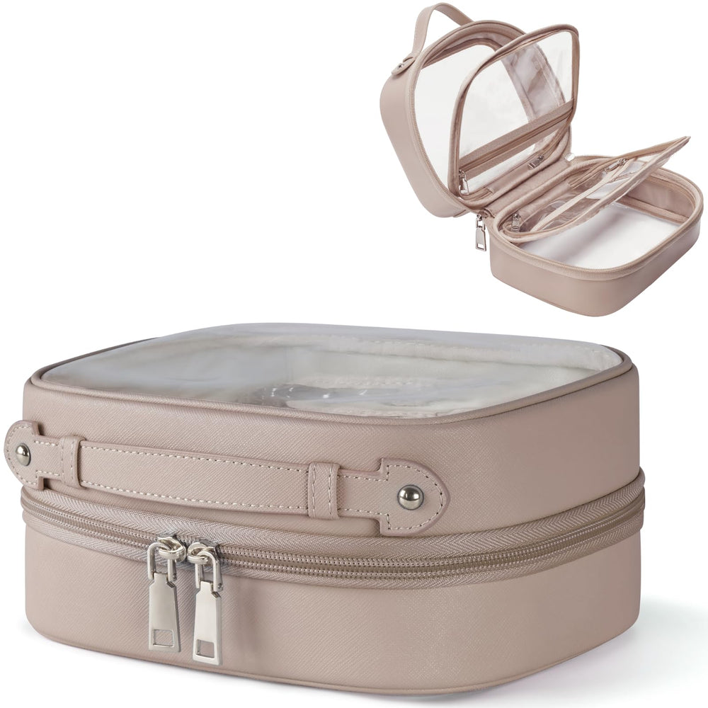 Oaque Clear Cosmetic Bag front view shows four-compartment organization for travel