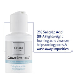 Obagi CLENZIderm Daily Care bottle with pump shows easy, refreshing lather during use.