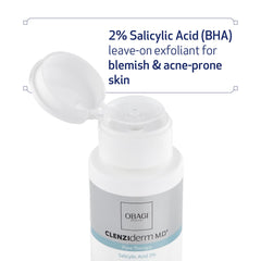 Obagi CLENZIderm toner label detail emphasizes 2% salicylic acid benefits.