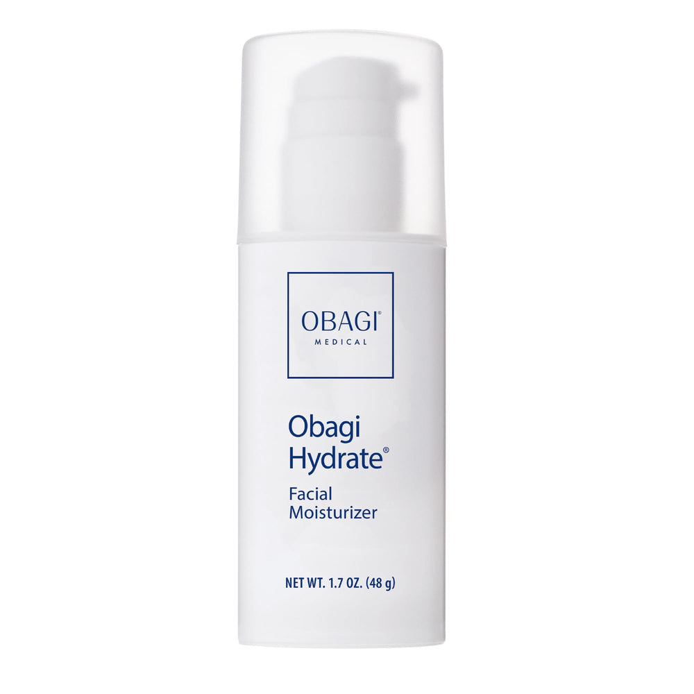 Obagi Hydrate facial moisturizer jar close-up shows all-day hydration.